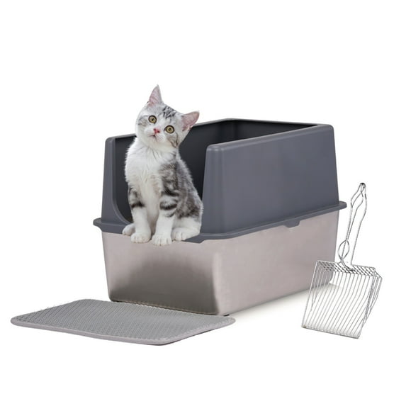 UBesGoo Metal Cat Litter Box with Scoop, Large Stainless Steel Cat Litter Box High Sides, Metal Litter Pan Tray for Large Cats, Non-Sticky, Anti-Leakage, Easy Cleaning