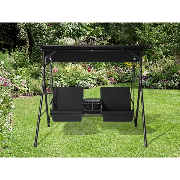 UBesGoo 550 LBS Outdoor Porch Swing with Stand & Ice Pack,2 Person Outdoor Porch Swing with Canopy,Iron Swing with Cushions & Steel Frame for Yard, Pool, Lawn, Indoors (Black)