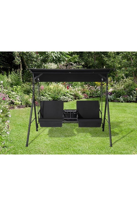 550 LBS Outdoor Porch Swing with Stand & Ice Pack,2 Person Outdoor Porch Swing with Canopy,Iron Swing with Cushions & Steel Frame for Yard, Pool, Lawn, Indoors (Black)