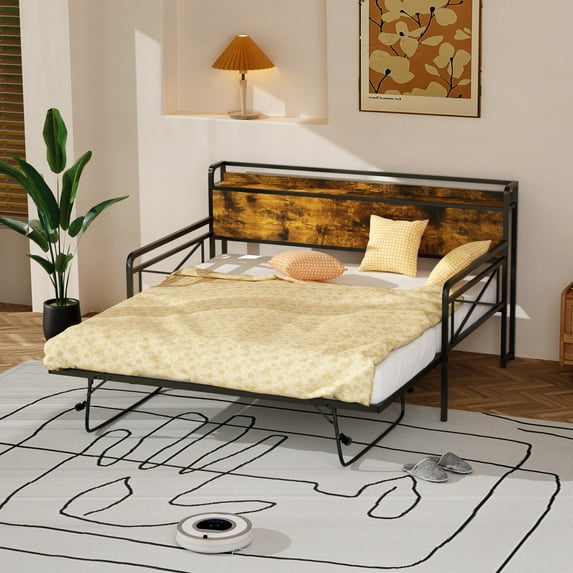 UBesGoo Metal Daybed Frame Twin Size, Storage Wooden Headboard with Charging Station, Daybed with Trundle for Living Room Bedroom Guest Room Brown