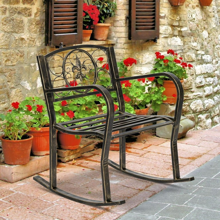 UBesGoo Metal Mid Back Rocking Chair Rustic Black Iron Rocking Chair for Garden Patio Outdoors