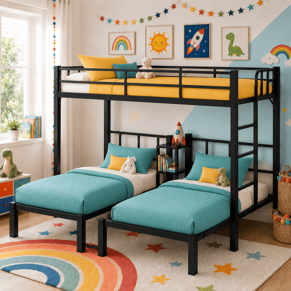 UBesGoo Metal Triple Bunk Bed Frame, Twin Over Twin Over Twin XL Design, 3 In 1 Bunk Bed Separates Into 3 Individual Twin Beds, Black