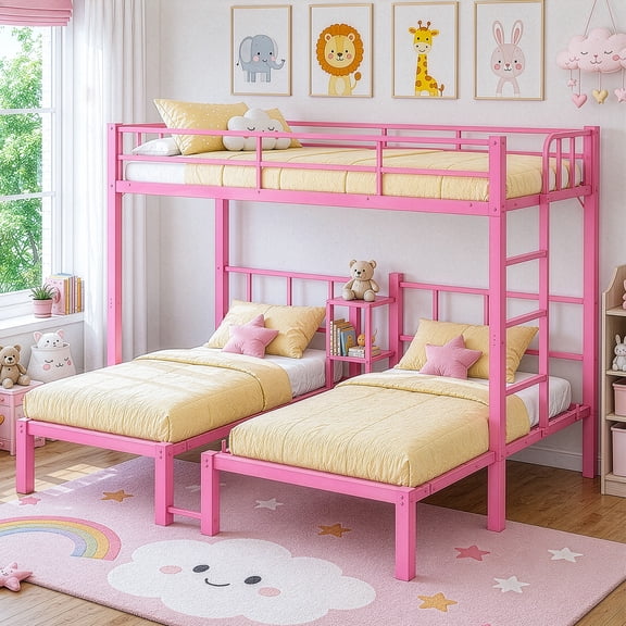 UBesGoo Metal Triple Bunk Bed Frame, Twin Over Twin Over Twin XL Design, 3 In 1 Bunk Bed Separates Into 3 Individual Twin Beds, Pink