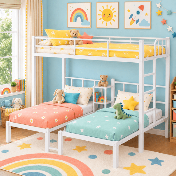 UBesGoo Metal Triple Bunk Bed Frame, Twin Over Twin Over Twin XL Design, 3 In 1 Bunk Bed Separates Into 3 Individual Twin Beds, White