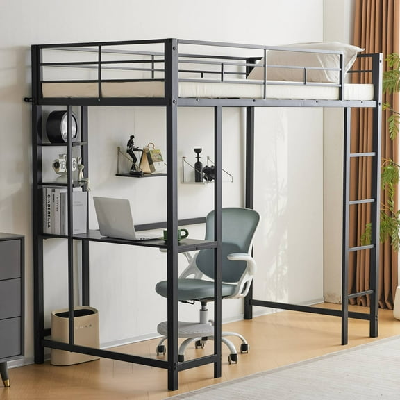 UBesGoo Metal Twin Size Loft Bed Frame with Desk, Rustic Wood, Black Frame