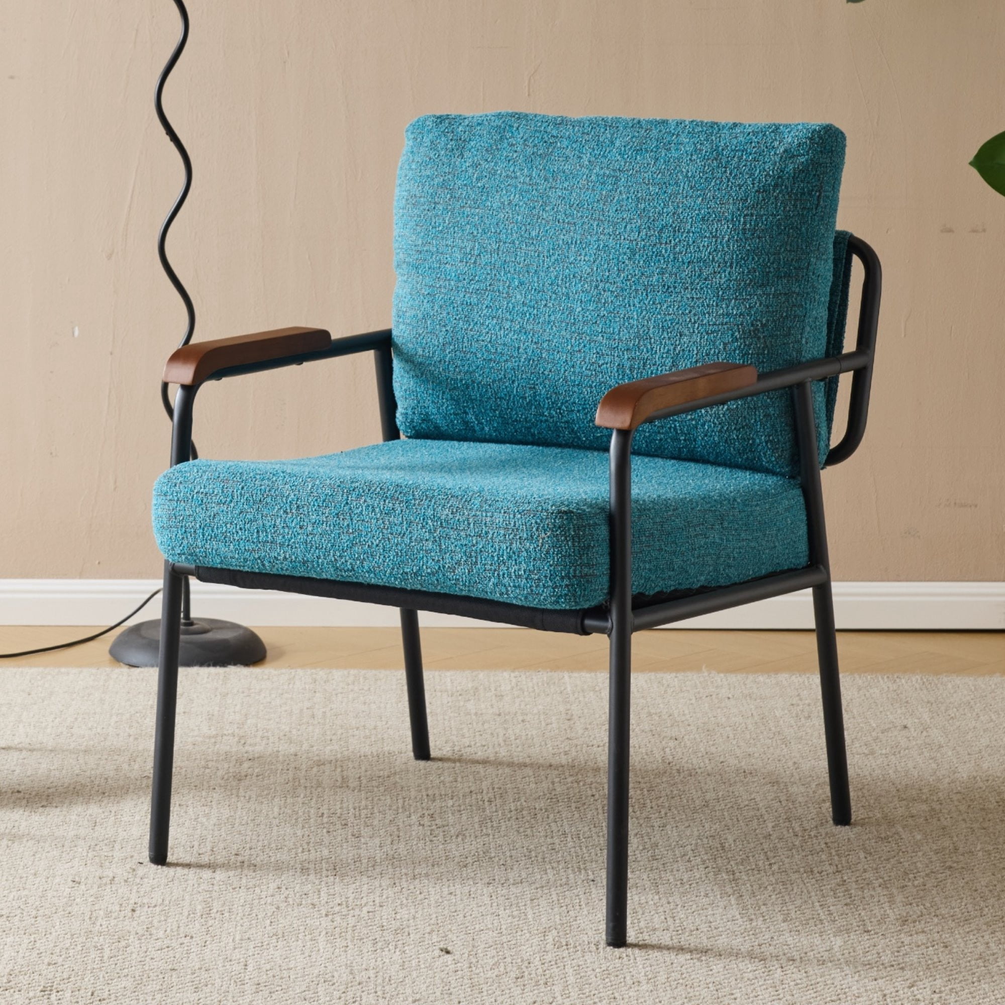 UBesGoo Mid Century Modern Accent Chair, Solid Wood Armchair with Rubberwood Armrests, Metal Frame Singe Sofa for Lounge Spaces, Blue-Green