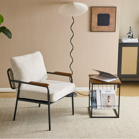 UBesGoo Mid Century Modern Accent Chair, Solid Wood Armchair with Rubberwood Armrests, Metal Frame Singe Sofa for Lounge Spaces,Off White