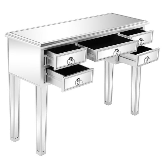UBesGoo Mirrored Makeup Desk Vanity Dressing Table with 5 Drawers Deluxe Modern Glass Entryway Console Table Writing Desk
