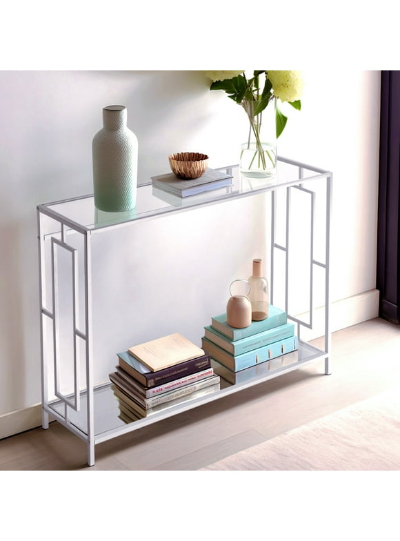 UBesGoo Modern 2-Tier Glass Console Accent Table with Storage Shelves for Entryway,Living Room,Bedroom,Hallway,Silver
