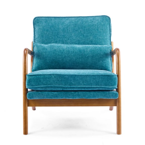 UBesGoo Modern Accent Chair, Chenille Fabric Armchair with Pillow and Solid Wood, Upholstered Comfy Reading Lounge Chair for Living Room, Blue-Green