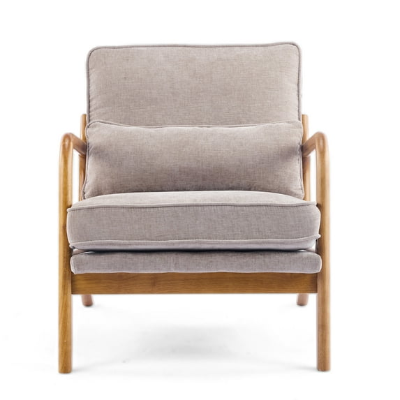 UBesGoo Modern Accent Chair, Chenille Fabric Armchair with Pillow and Solid Wood, Upholstered Comfy Reading Lounge Chair for Living Room, Light Khaki
