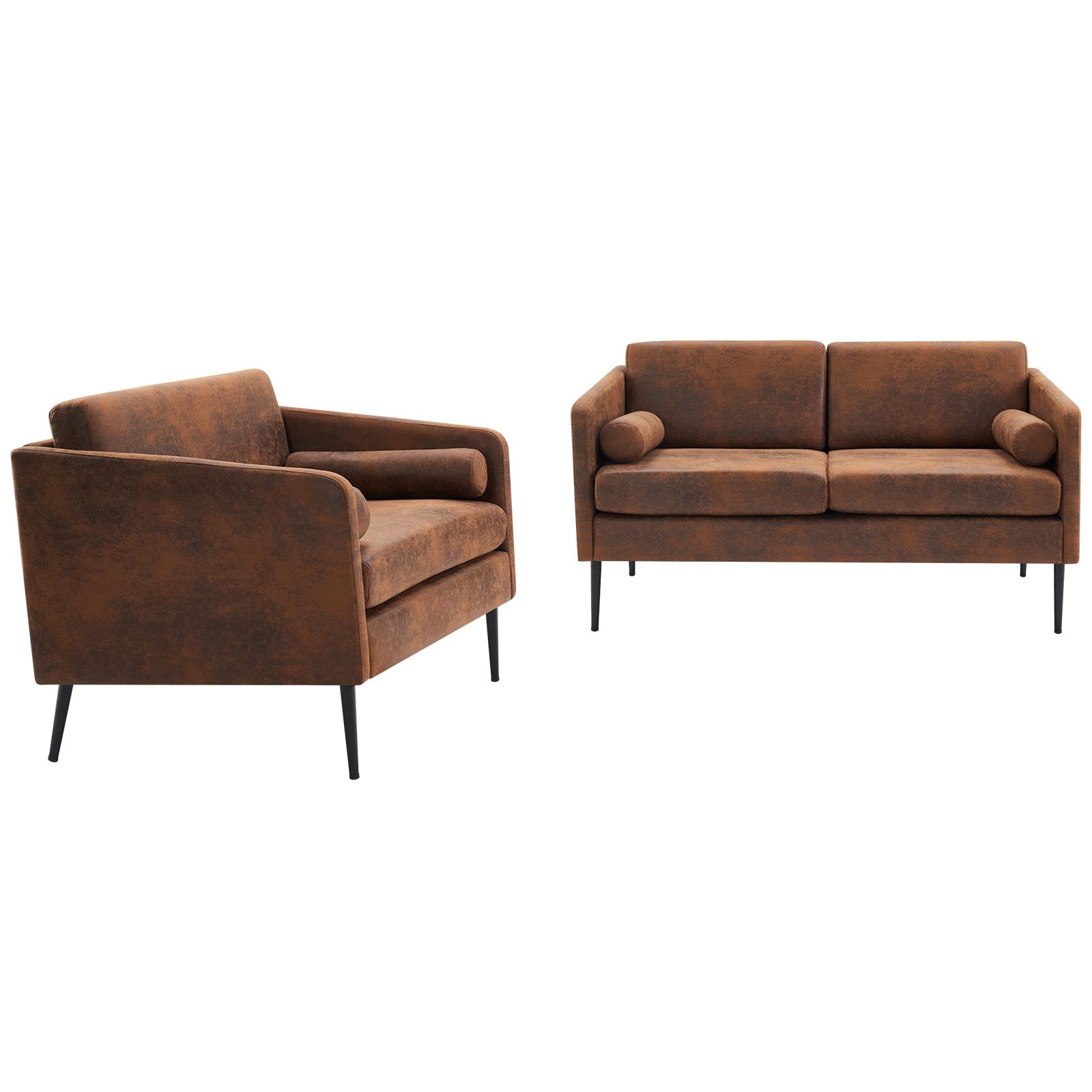 UBesGoo Modern Accent Chair and Loveseat Set, Set of 2 Living Room Sofa Set with Metal Legs and Pillows Brown