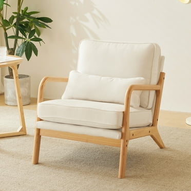 UBesGoo Modern Arm Chair Linen Fabric Upholstered Comfy Reading Accent Chair with Solid Wood Frame Beige and Oak