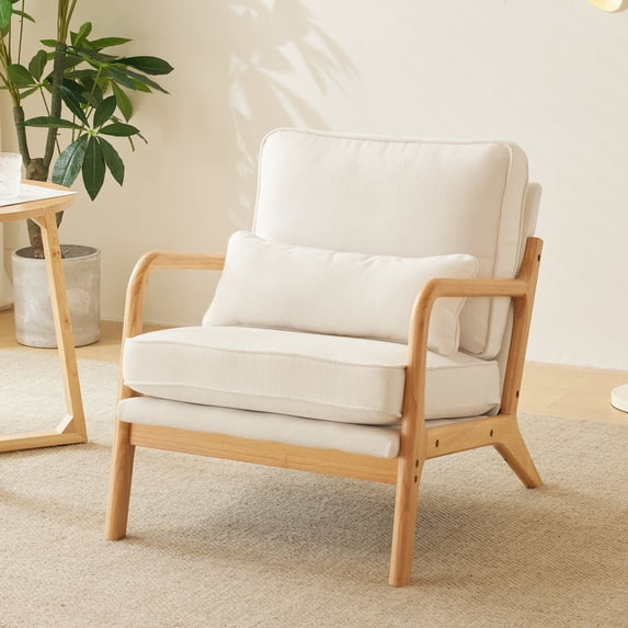 UBesGoo Modern Arm Chair Linen Fabric Upholstered Comfy Reading Accent Chair with Solid Wood Frame Beige and Oak