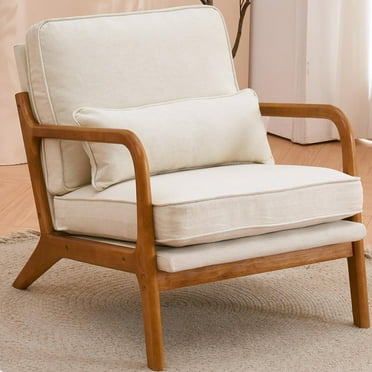 UBesGoo Modern Arm Chair Linen Fabric Upholstered Comfy Reading Accent Chair with Solid Wood Frame Beige