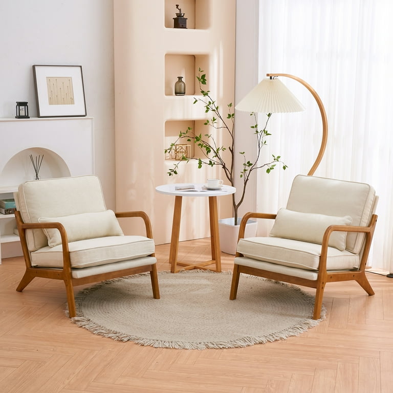 UBesGoo Modern Comfy Reading Accent Chair Set of 2 Beige Linen Fabric Upholstered Solid Wood Frame Oak Armrest Walmart