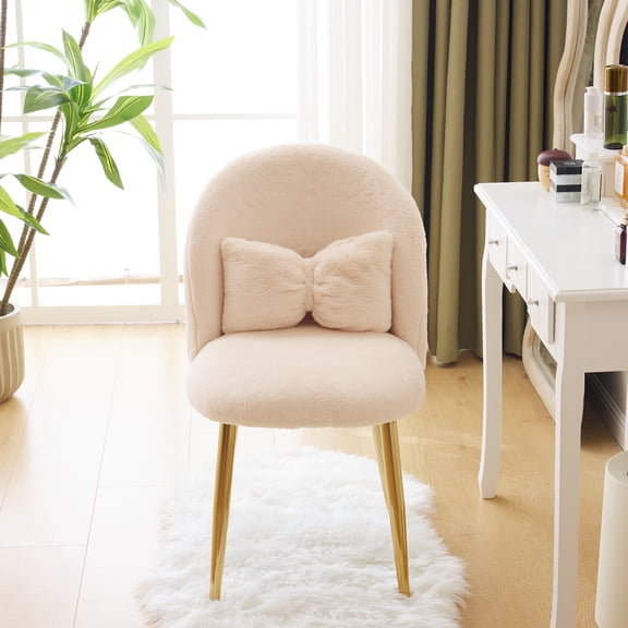 UBesGoo Modern Armless Makeup Chair Comfy Cute Accent Chair, Faux Rabbit Hair Vanity Chair for Office Living Dining Room, Light Khaki