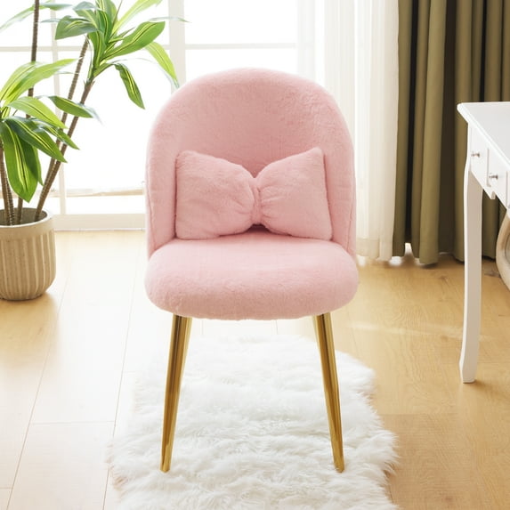 UBesGoo Modern Armless Makeup Chair Comfy Cute Accent Chair, Faux Rabbit Hair Vanity Chair for Office Living Dining Room, Pink