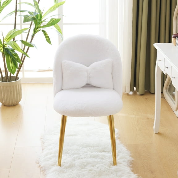 UBesGoo Modern Armless Makeup Chair Comfy Cute Accent Chair, Faux Rabbit Hair Vanity Chair for Office Living Dining Room, White