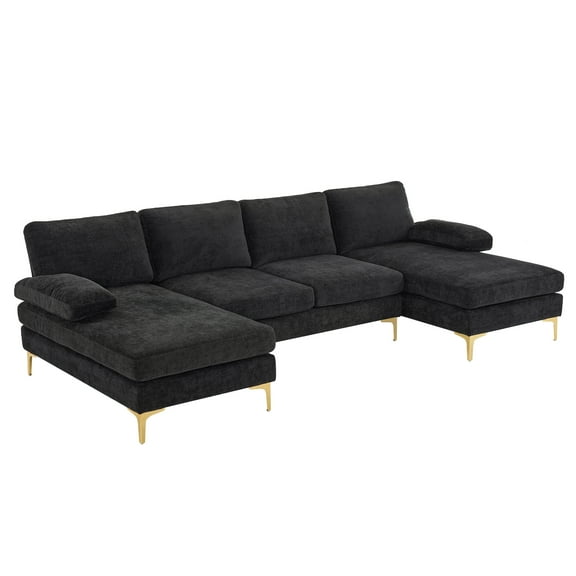 UBesGoo Modern & Contemporary Sectional Sofas, U Shaped Chenille Fabric Couch with Double Reversible Chaise Lounges, 110" W Black