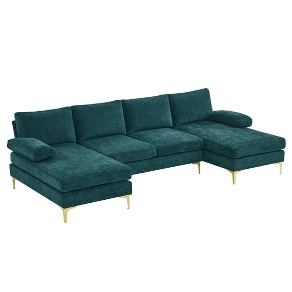 UBesGoo Modern & Contemporary Sectional Sofas, U Shaped Chenille Fabric Couch with Double Reversible Chaise Lounges, 110" W Blue-Green