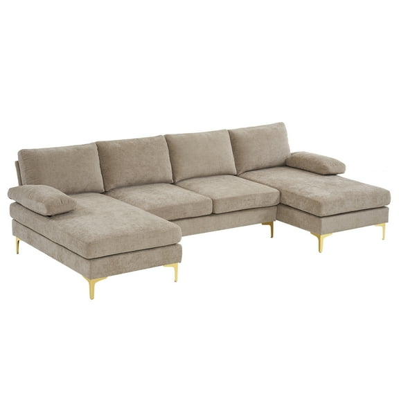 UBesGoo Modern & Contemporary Sectional Sofas, U Shaped Chenille Fabric Couch with Double Reversible Chaise Lounges, 110" W Camel Color