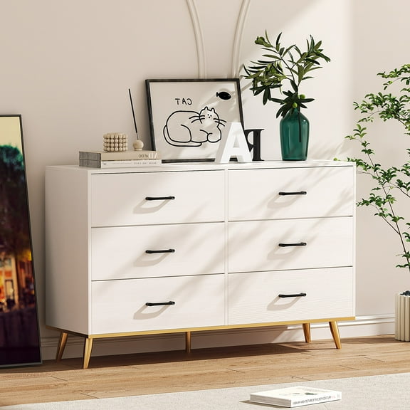 UBesGoo Modern Double Dresser with 6 Drawers, 52'' Wide Chest of Drawers for Bedroom, Storage Cabinet for Living Room, White