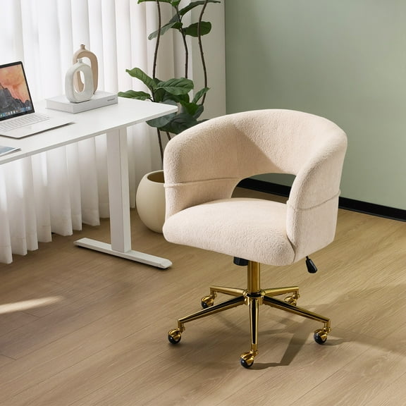 UBesGoo Modern Swivel Accent Chair, Flannel Makeup Vanity Chair, Highly Adjustable Desk Chair for Living Room Dorm Office, Beige