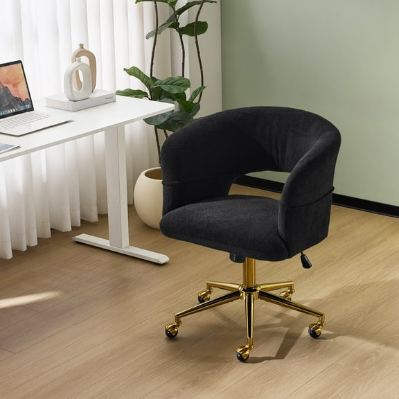 UBesGoo Modern Swivel Accent Chair, Flannel Makeup Vanity Chair, Highly Adjustable Desk Chair for Living Room Dorm Office, Black