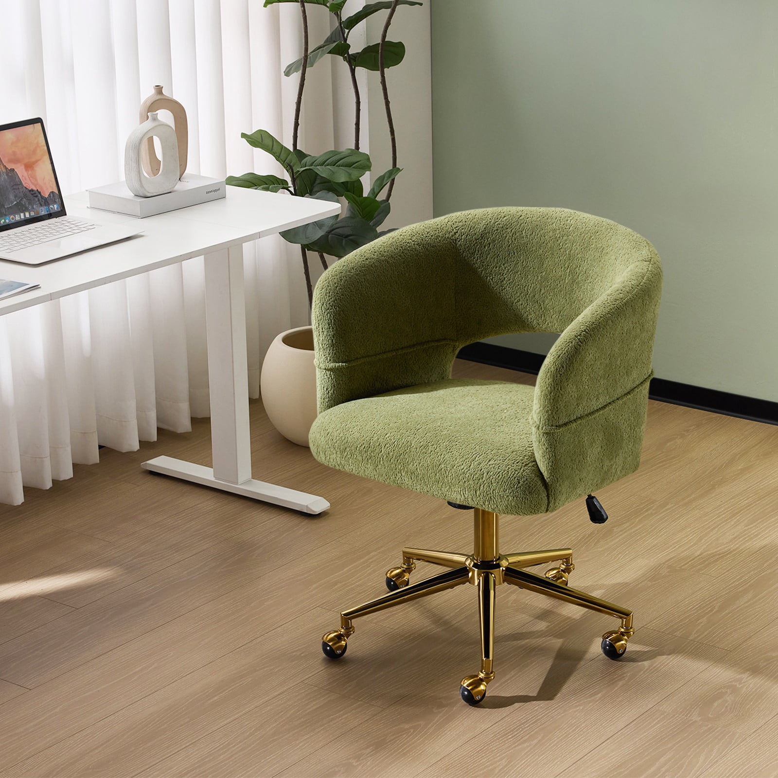 UBesGoo Modern Swivel Accent Chair, Flannel Makeup Vanity Chair, Highly Adjustable Desk Chair for Living Room Dorm Office, Green