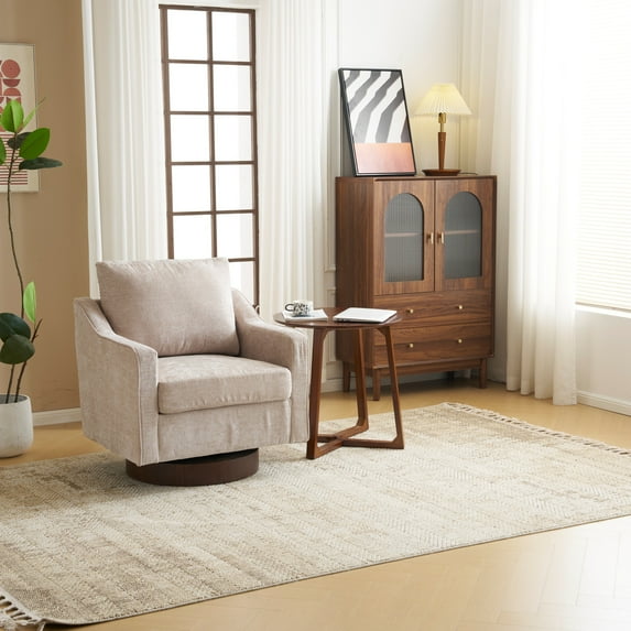 UBesGoo Modern Swivel Chair with High Resilience Cushion, Chenille Fabric Armchair Upholstered Accent Chair for Living Room Office, Khaki