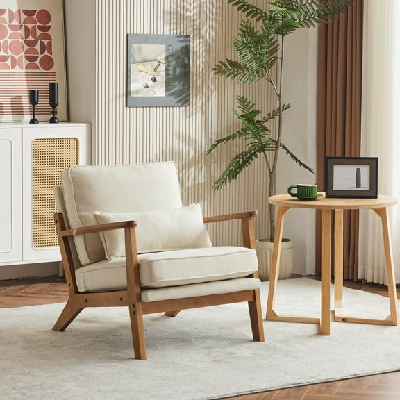 UBesGoo Modern Upholstered Comfy Accent Chair, Line Fabric Armchair with Pillow, Reading Club Sofa Chair for Bedroom Living Room, Beige