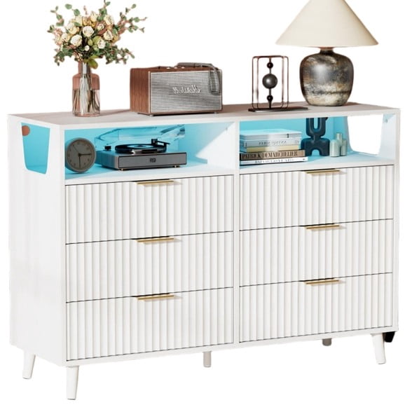 UBesGoo Fluted 6 Drawer Dresser with LED Lights, Modern Chest of Drawers Wood Dresser TV Stand, Double Dresser for Bedroom, Living Room, Hallway