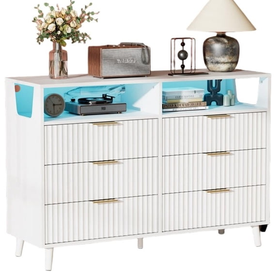 UBesGoo Fluted 6 Drawer Dresser with LED Lights, Modern Chest of Drawers Wood Dresser TV Stand, Double Dresser for Bedroom, Living Room, Hallway