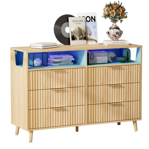 UBesGoo Fluted 6 Drawer Dresser with LED Lights, Modern Chest of Drawers Wood Dresser TV Stand, Double Dresser for Bedroom, Living Room, Hallway