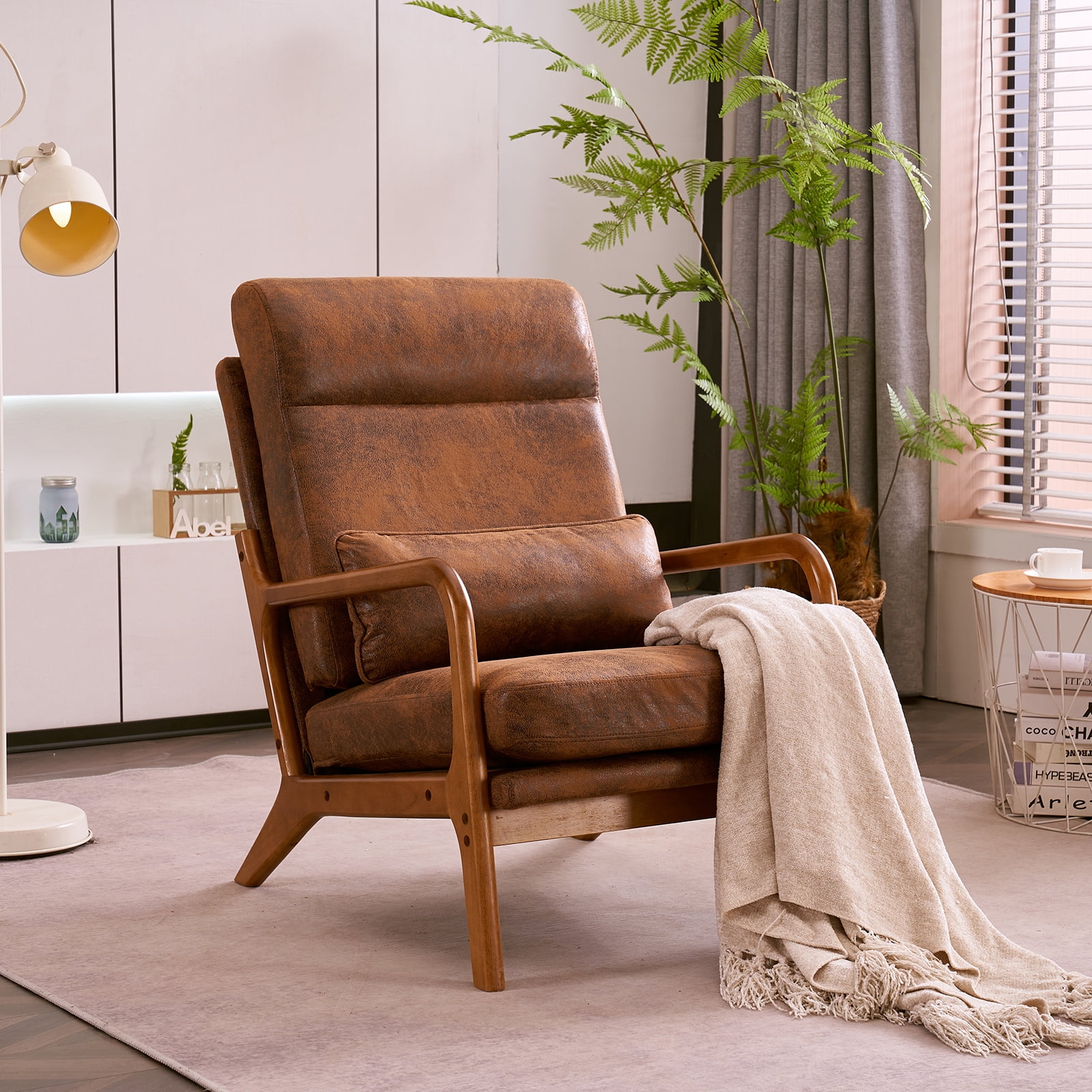UBesGoo Modern Wood Club Chair Bronzing Cloth Fabric Upholstered