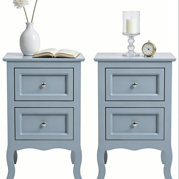 UBesGoo Nightstand, 2-Drawer Bedside Table, Wood End Side, Country Style Set of 2, Gray
