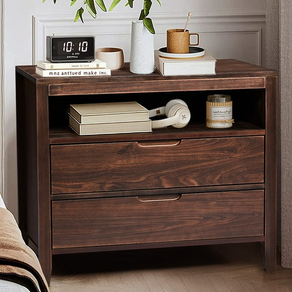UBesGoo Nightstand 2 Drawer Dresser Side Table, Soild wood & MDF with Solid Wood Veneer, Brown