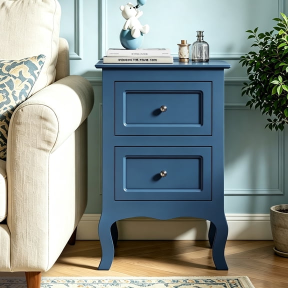 UBesGoo Nightstand End Table with 2 Drawer, Blue Finish
