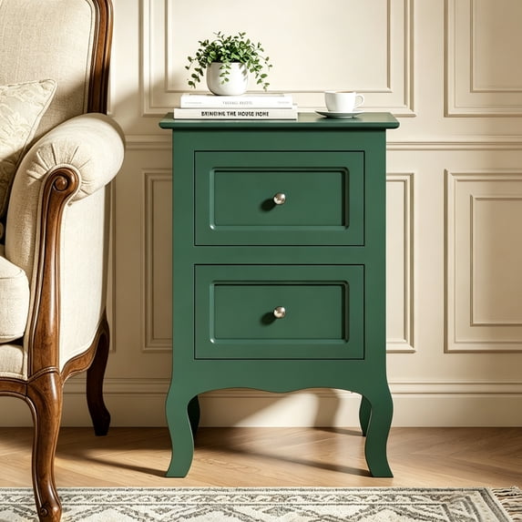 UBesGoo Nightstand End Table with 2 Drawer, Deep Green Finish