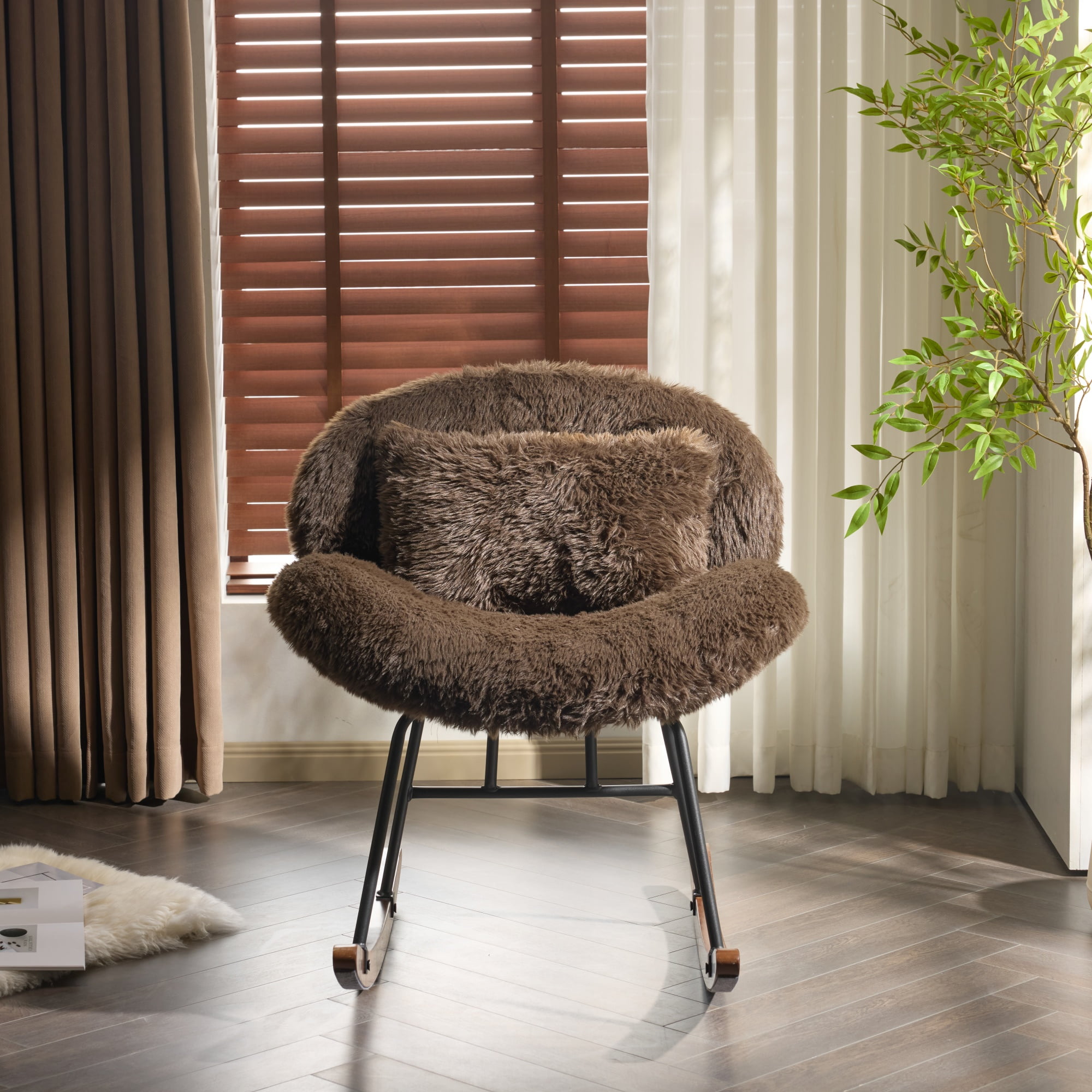 UBesGoo Nursery Rocking Chair, Modern Accent Chair with Padded Seat and Wooden Metal Frame, Long Pile Fabric Upholstered Glider Rocker, Comfy Nest Style, Coffee