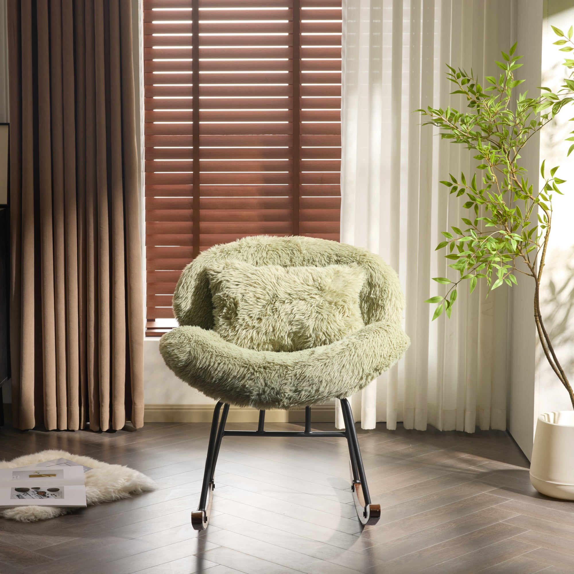 UBesGoo Nursery Rocking Chair, Modern Accent Chair with Padded Seat and Wooden Metal Frame, Long Pile Fabric Upholstered Glider Rocker, Comfy Nest Style, Green