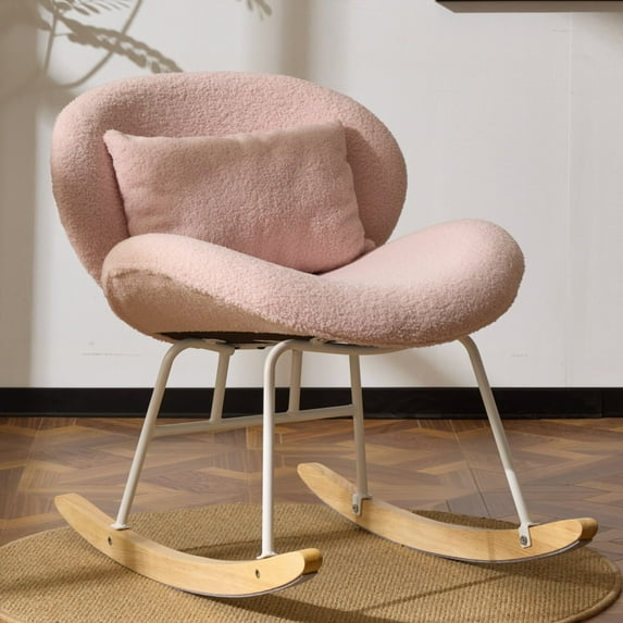 UBesGoo Nursery Rocking Chair, Modern Accent Chair with Padded Seat and Wooden Metal Frame, Teddy Fleece Upholstered Glider Rocker, Comfy Nest Style, Pink