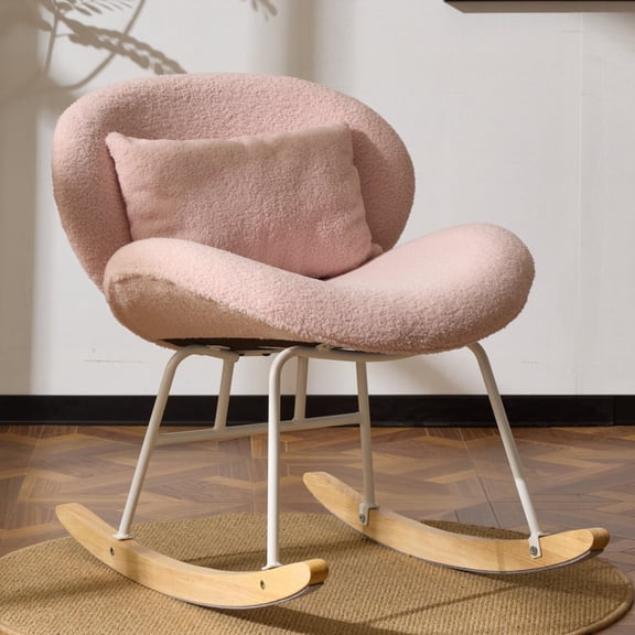 UBesGoo Nursery Rocking Chair, Modern Accent Chair with Padded Seat and Wooden Metal Frame, Teddy Fleece Upholstered Glider Rocker, Comfy Nest Style, Pink
