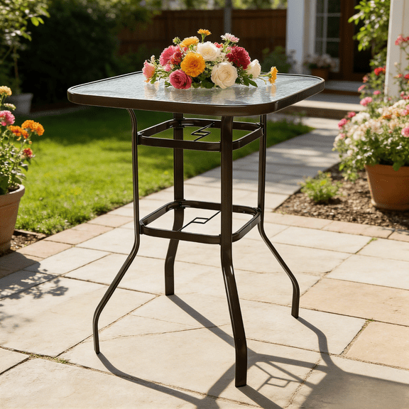 UBesGoo Outdoor Bar Table with Tempered Glass and Umbrella Hole, Patio Console Table for Garden, Classic Style and Easy to Clean, Brown Frame