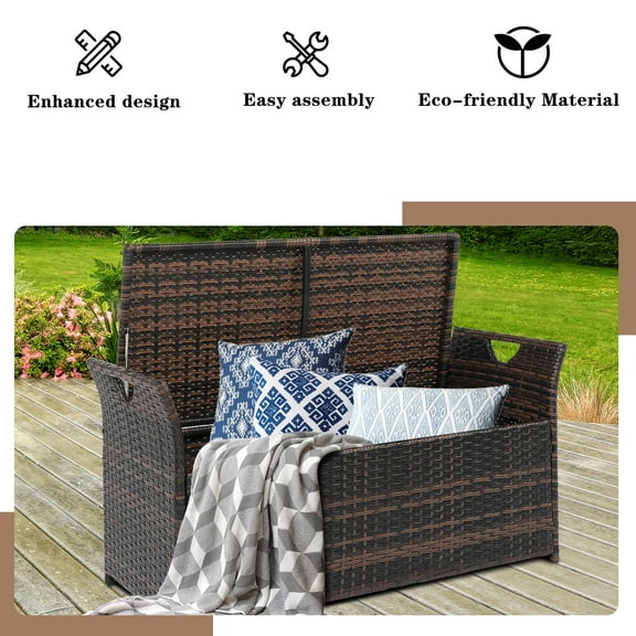 UBesGoo Outdoor Wicker Deck Box with Comfortable Cushion, Brown Gradient & Beige
