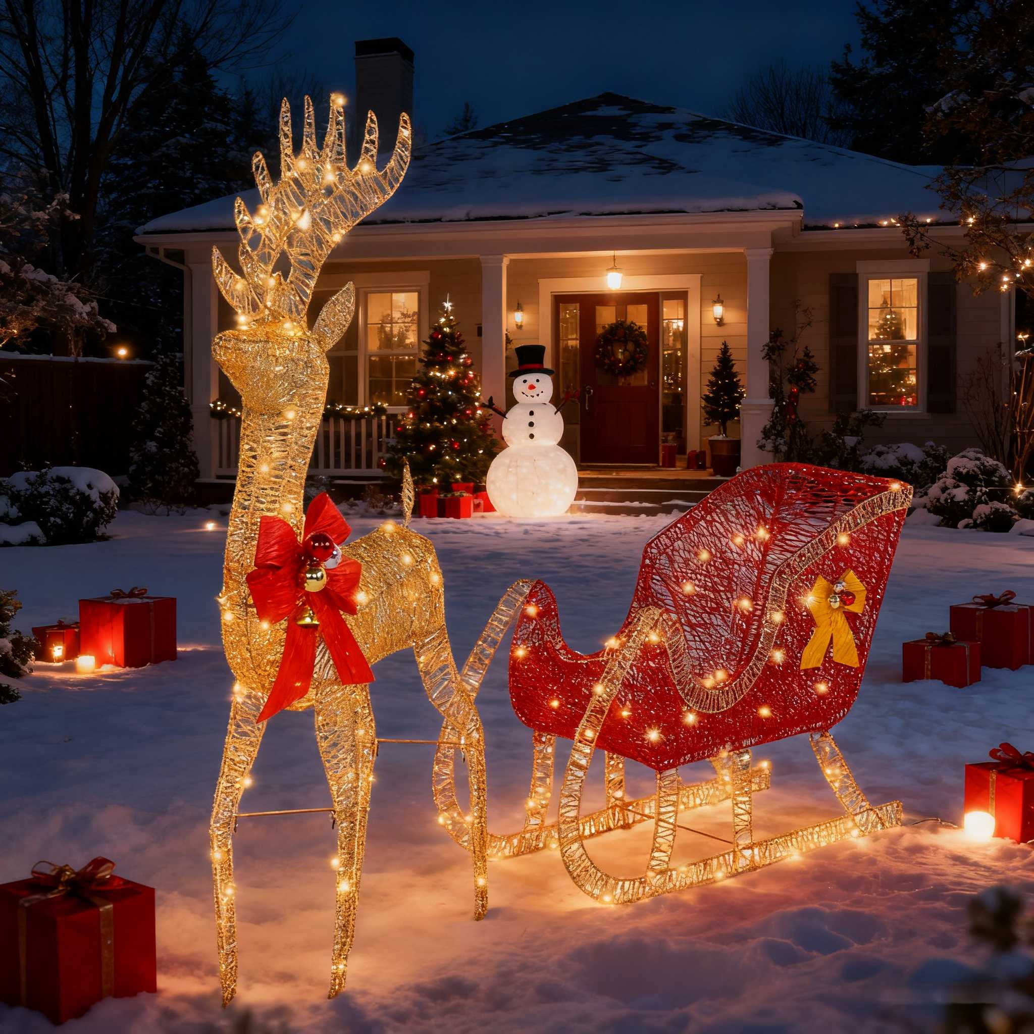 UBesGoo Large Outdoor Xmas Decor - Family Reindeer and Sleigh with LED