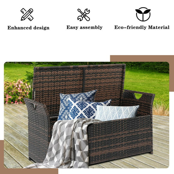 UBesGoo  Patio Furniture Wicker Box Storage Bin Container with Interior Waterproof Cloth Bag and Comfortable Cushion