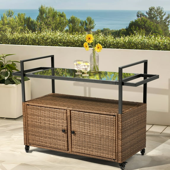 UBesGoo Patio Outdoor Ratten Bar Table Cart w/4 Wheel, Weather-Resistant Wicker Bar Table with Tempered Glass Top, Storage Cabinet Cart with Handrail, Brown
