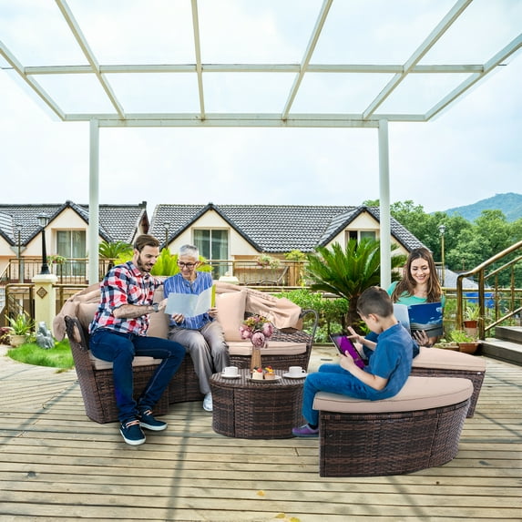 UBesGoo Patio Rattan Bed with Cushions, All Weather PE Wicker Sunbed, Wicker Sectional Set, Outdoor Lounge Bed, Adjustable Canopy Sunbed, Brown